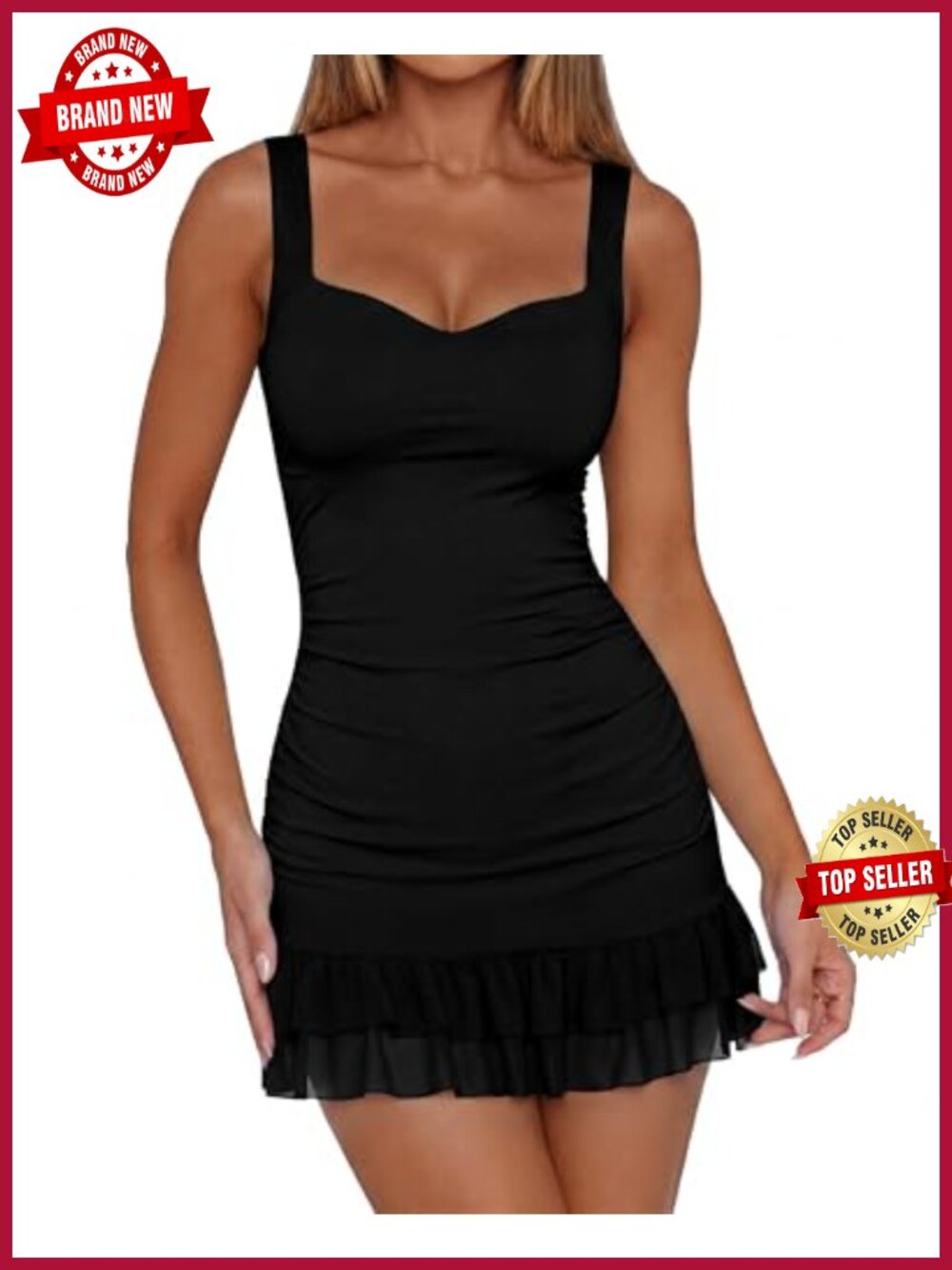 Women's Bodycon Mini Dress Sleeveless Square Neck Ruched Mesh Ruffle Hem Club